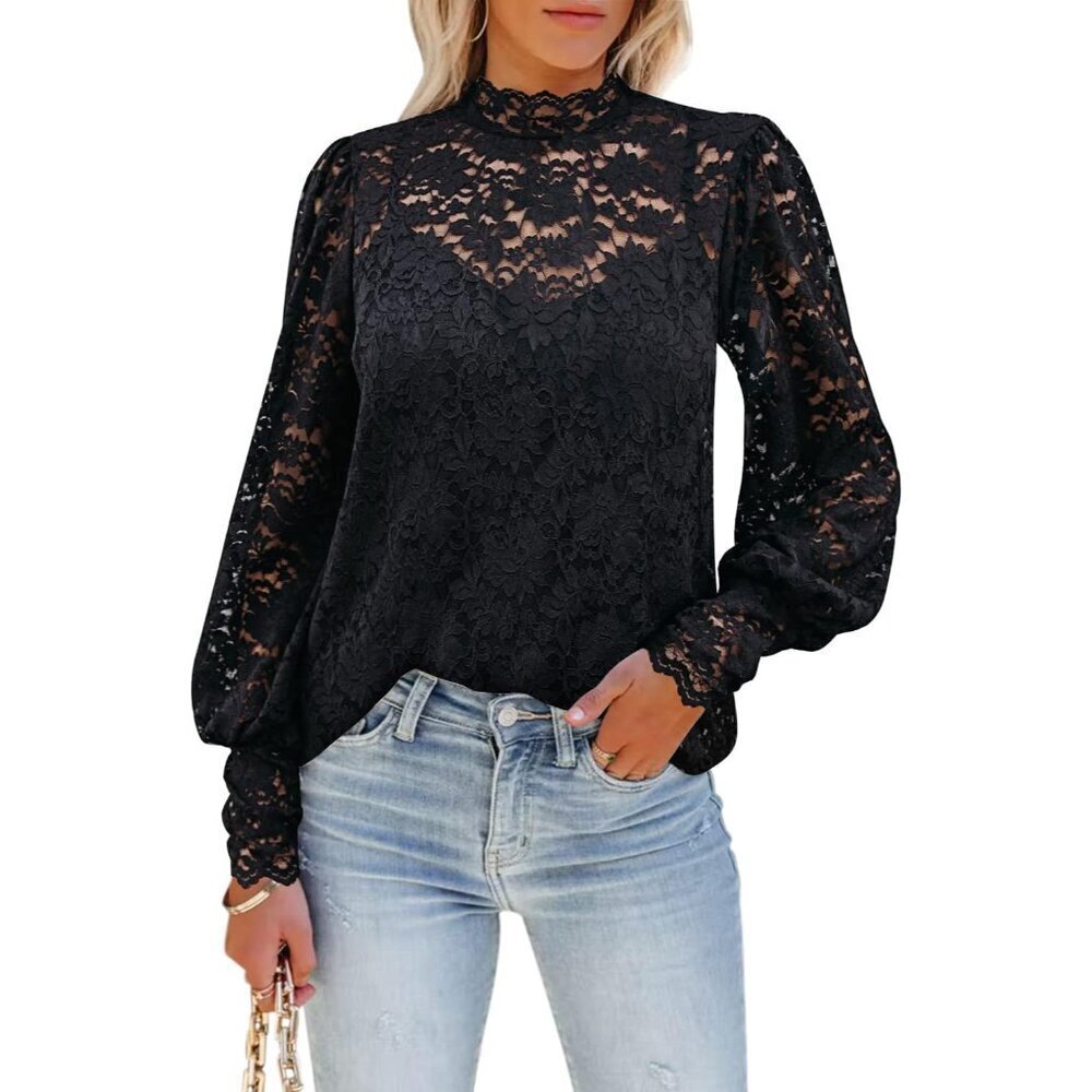 Womens Lace Blouse Long Sleeve Floral Casual Dressy Top Size XL